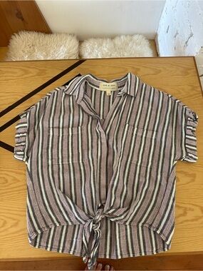 cloth & stone Navy, Red, Cream Striped Button Shirt